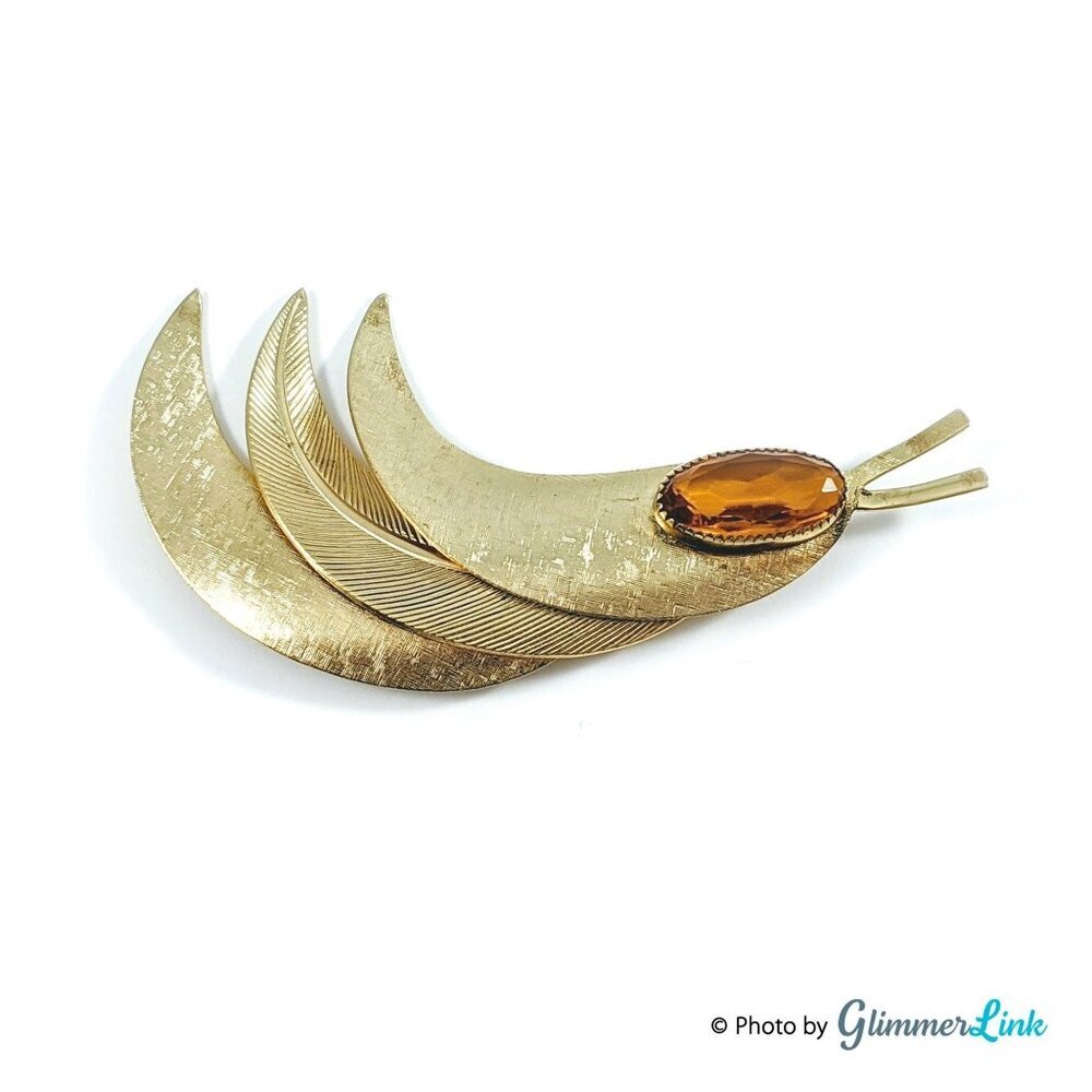Vintage Feather Leaf Gold Tone Brooch Honey Glass Cabochon